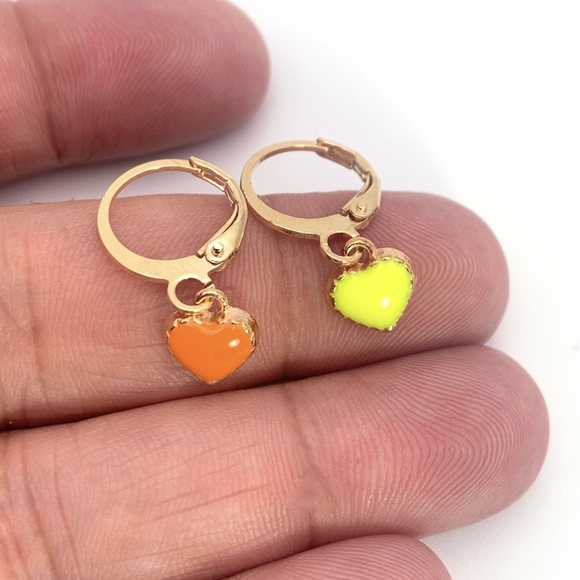 2 Pairs! Orange and Yellow Enamel Heart Earrings - Picture 3 of 4